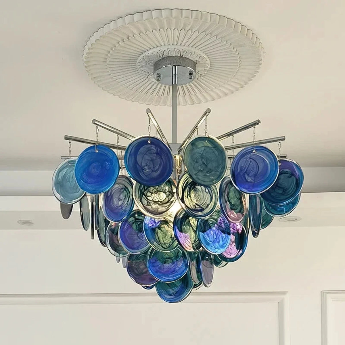 Sculptural Swirl Disc Chandelier in ocean blue glass for Dining Room by AUVIELIGHT, ∅ 31.5″ x H 14.2″ / Blue & Chrome