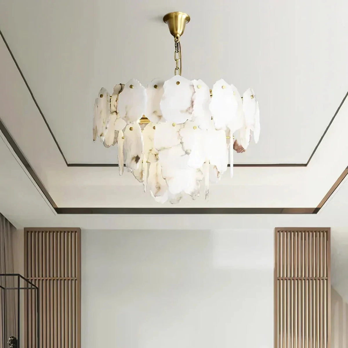 Sculptural Tiered Chandelier in alabaster for Dining Room light fixture by AUVIELIGHT