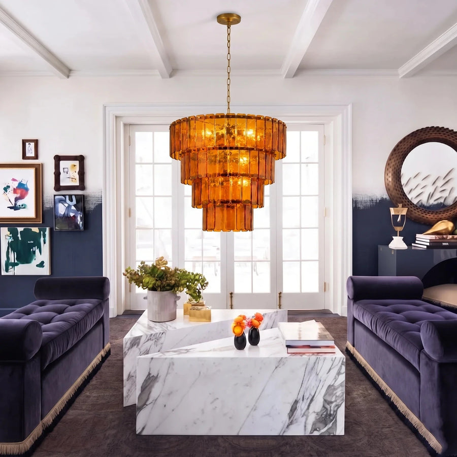 Sculptural Tiered Chandelier in amber cast glass for Dining Room by AUVIELIGHT