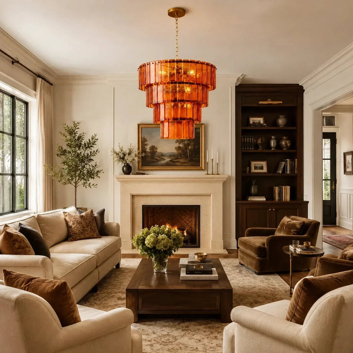 Sculptural Tiered Chandelier in amber cast glass for Dining Room by AUVIELIGHT