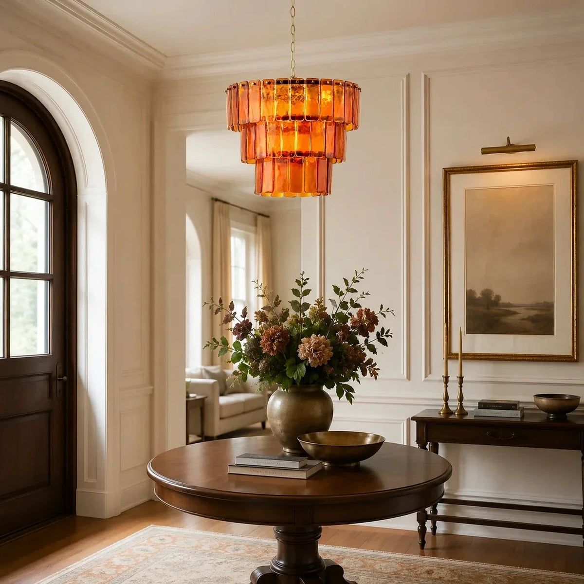 Sculptural Tiered Chandelier in amber cast glass for Dining Room by AUVIELIGHT