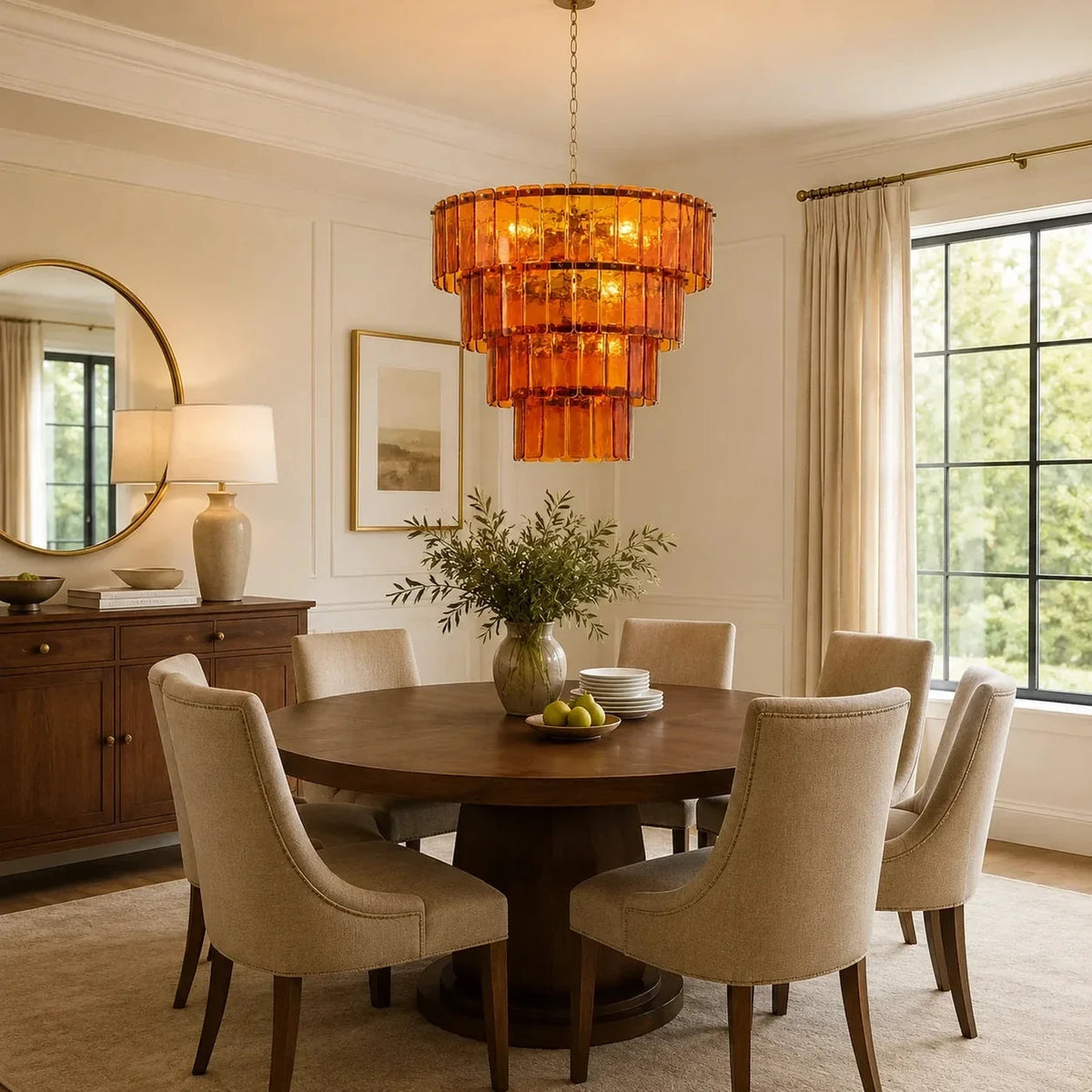 Sculptural Tiered Chandelier in amber cast glass for Dining Room by AUVIELIGHT