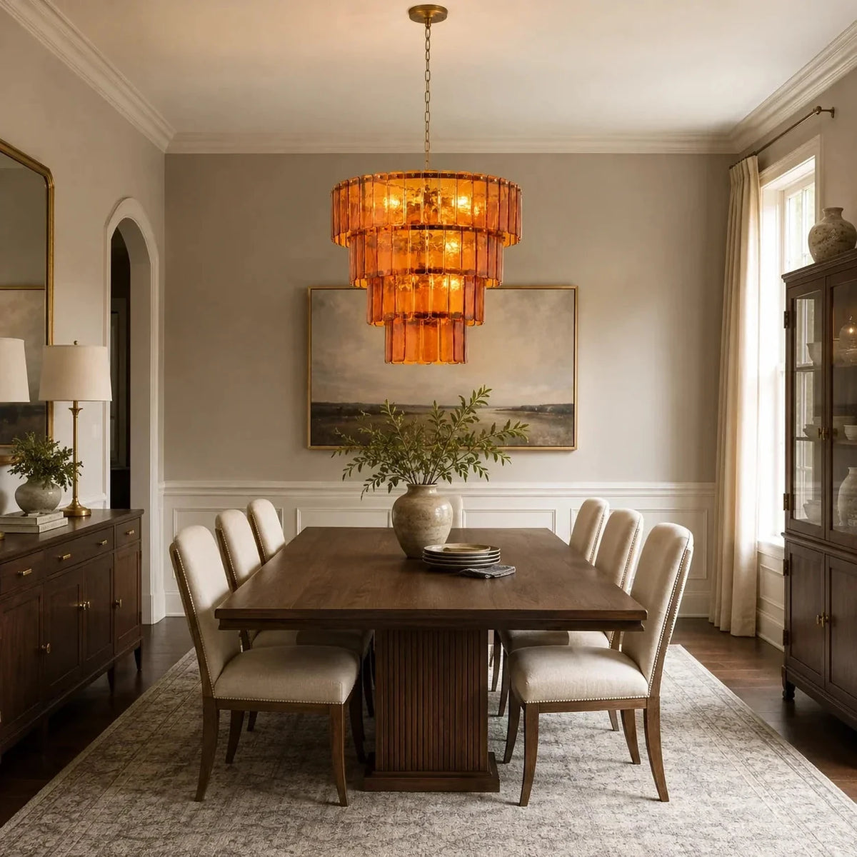 Sculptural Tiered Chandelier in amber cast glass for Dining Room by AUVIELIGHT