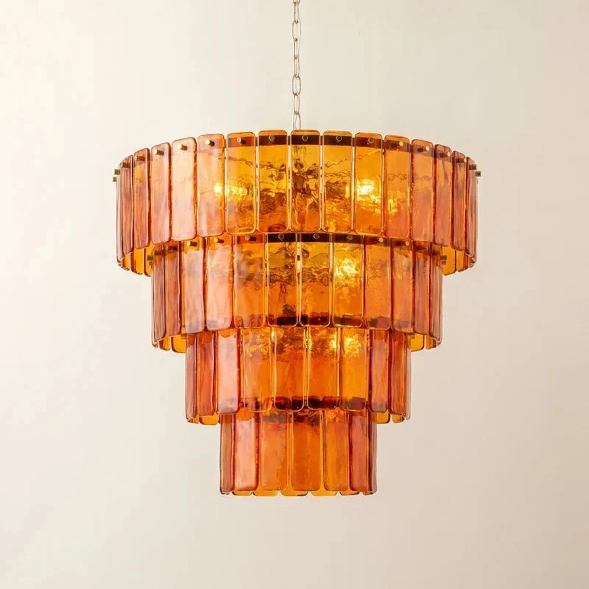 Sculptural Tiered Chandelier in amber cast glass for Dining Room by AUVIELIGHT, ∅ 23.6″ x H 16.5″ / Orange & Gold