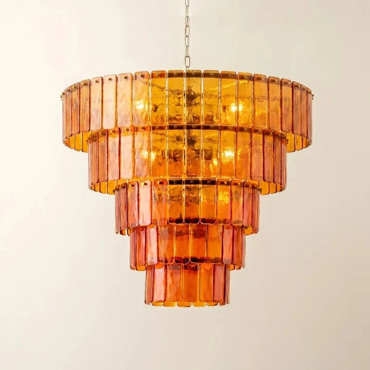 Sculptural Tiered Chandelier in amber cast glass for Dining Room by AUVIELIGHT, ∅ 31.5″ x H 20.5″ / Orange & Gold