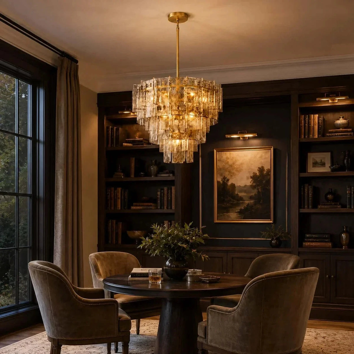 Sculptural Tiered Chandelier in smoke amber cast glass for Dining Room by AUVIELIGHT