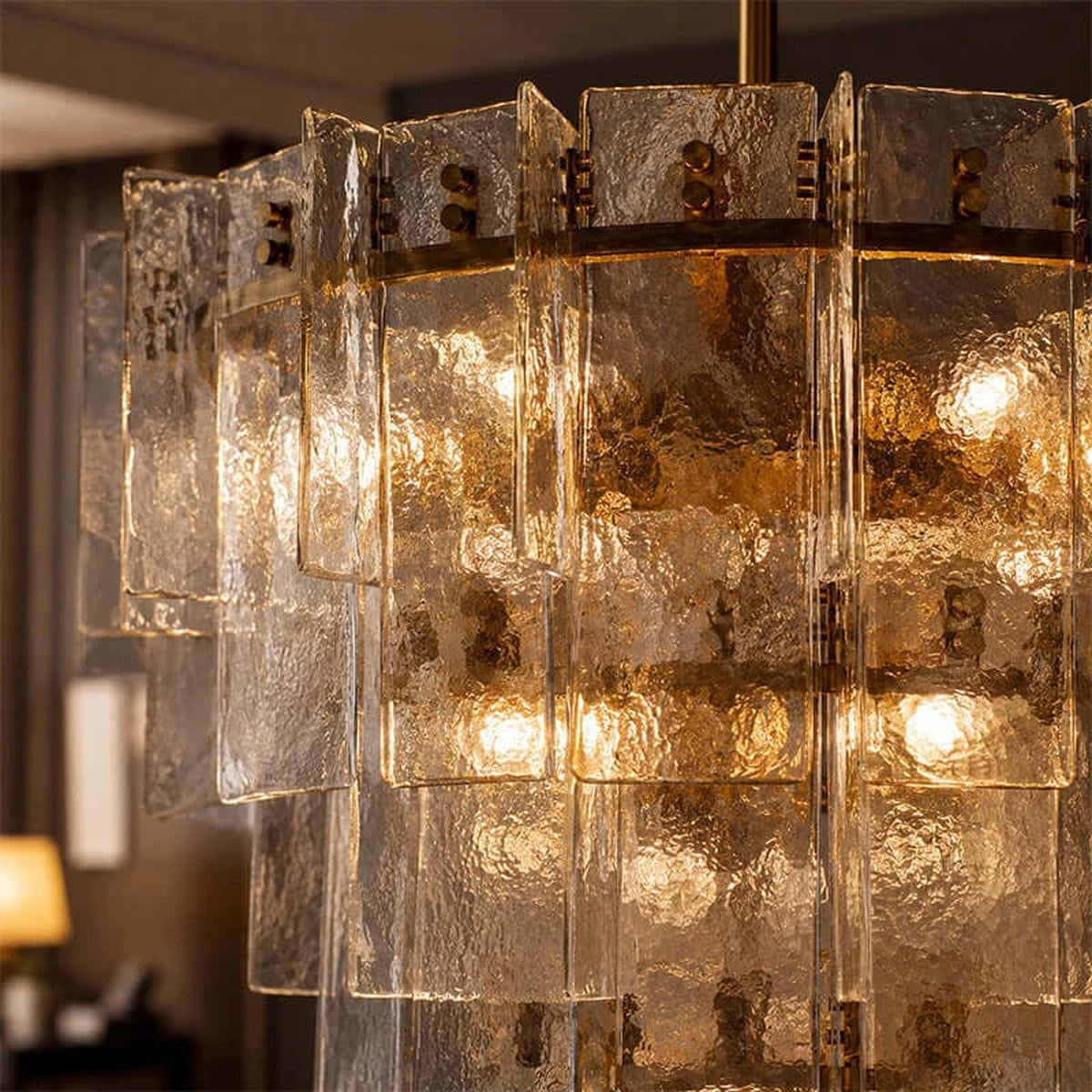 Sculptural Tiered Chandelier in smoke amber cast glass for Dining Room by AUVIELIGHT