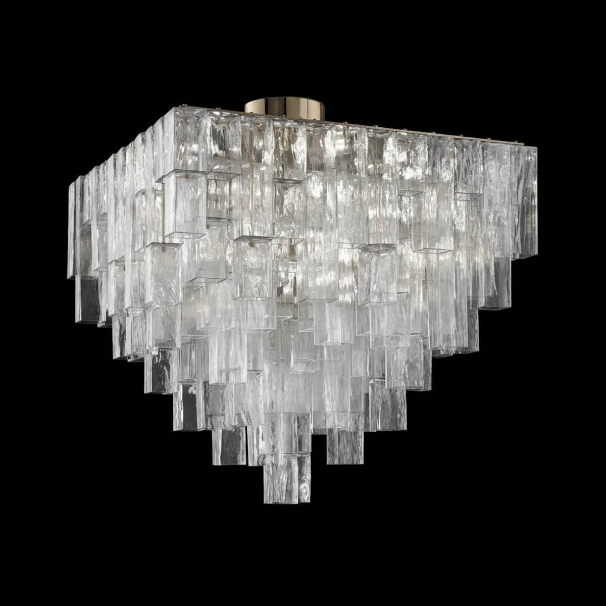 Sculptural Tiered Flush Mount in clear ice glass for Low Ceilings by AUVIELIGHT, L 33.2" x W 33.2" x H 31.5" / Clear