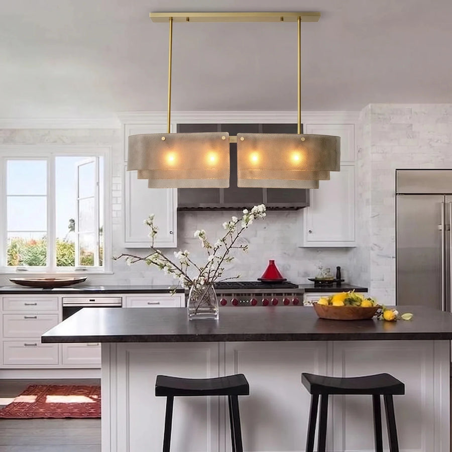 Sculptural Tiered Linear Chandelier in brushed brass for Dining Room by AUVIELIGHT