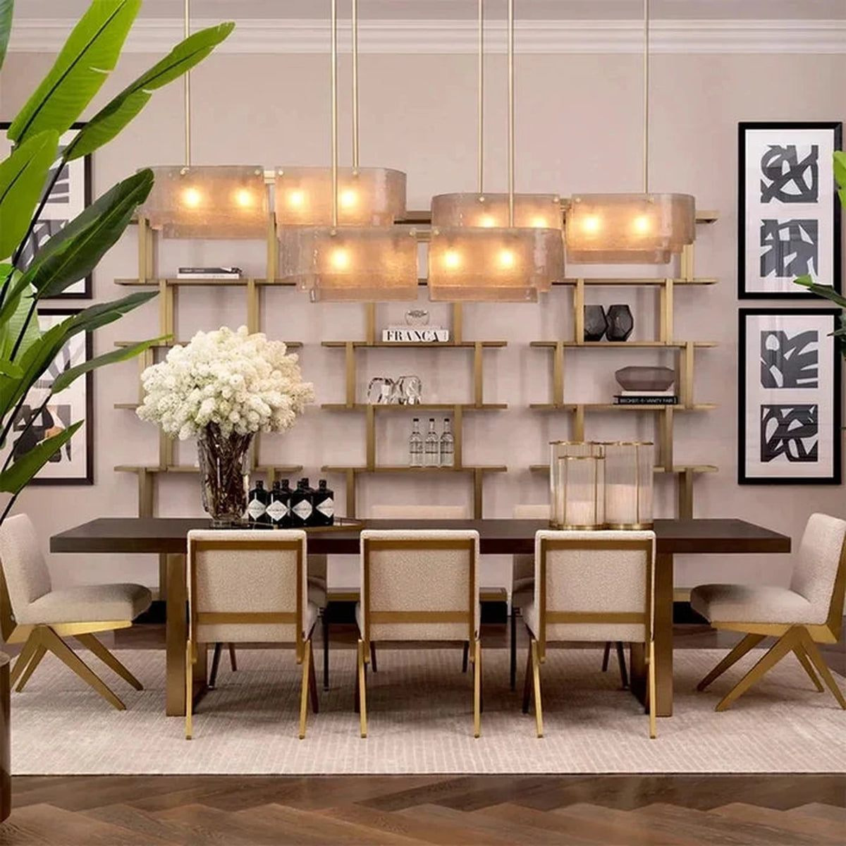 Sculptural Tiered Linear Chandelier in brushed brass for Dining Room by AUVIELIGHT