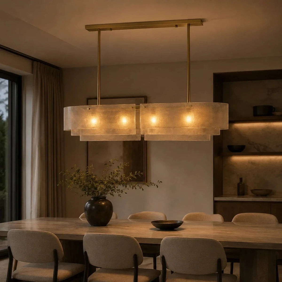 Sculptural Tiered Linear Chandelier in brushed brass for Dining Room by AUVIELIGHT