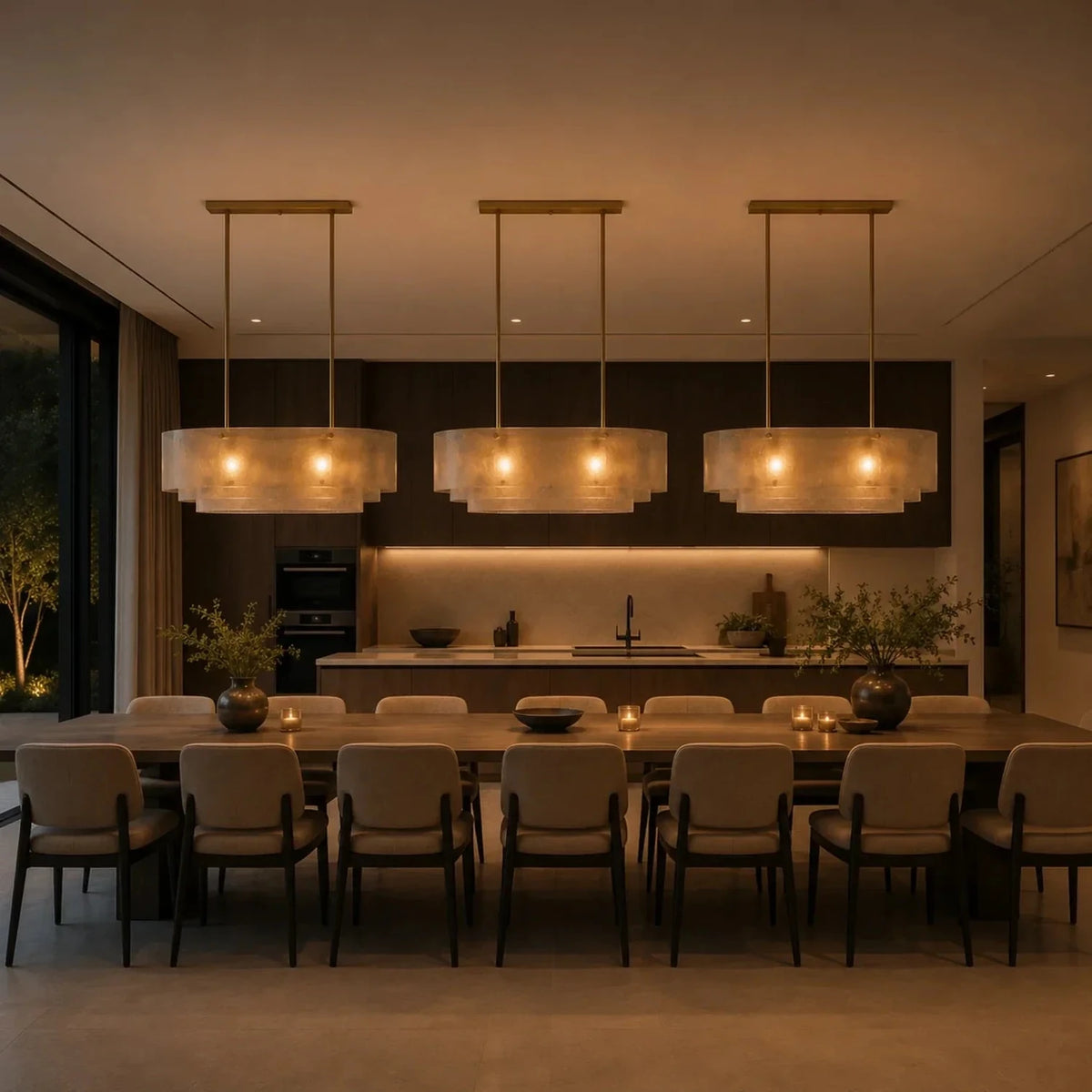 Sculptural Tiered Linear Chandelier in brushed brass for Dining Room by AUVIELIGHT