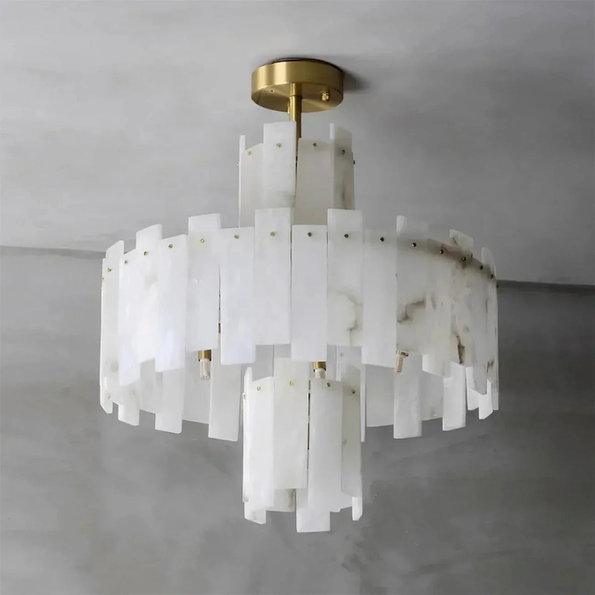 Sculptural Tiered Semi-Flush Mount in alabaster for Low Ceilings by AUVIELIGHT, Dia 100cm x H 68cm / ∅ 39.1″ x H 26.7″ / Brass & White