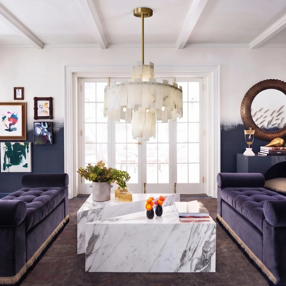 Sculptural Tiered Semi-Flush Mount in alabaster for Low Ceilings by AUVIELIGHT