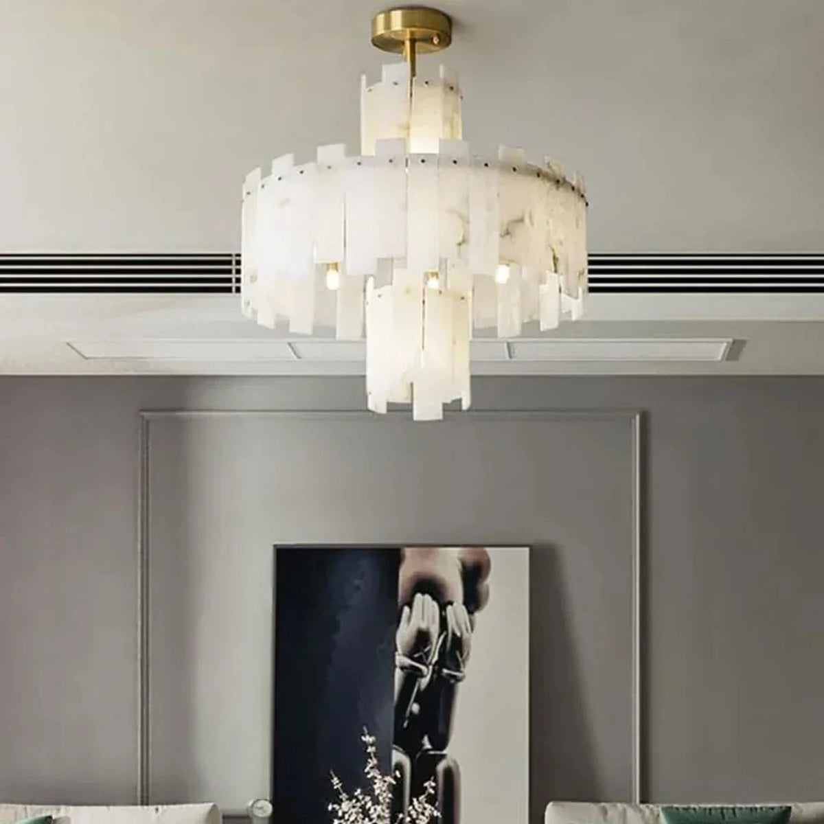Sculptural Tiered Semi-Flush Mount in alabaster for Low Ceilings by AUVIELIGHT