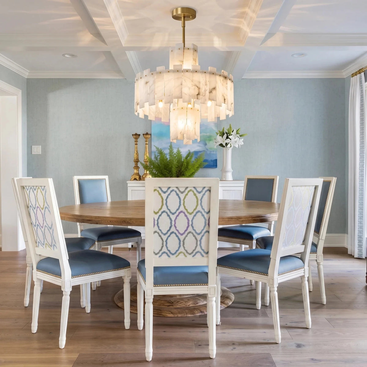 Sculptural Tiered Semi-Flush Mount in alabaster for Low Ceilings by AUVIELIGHT