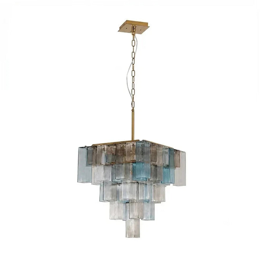 Sculptural Tiered Square Chandelier in blue ice glass for Dining Room by AUVIELIGHT, L 17.7" x W 17.7" x H 19.7" / Gold & Clear & Blue
