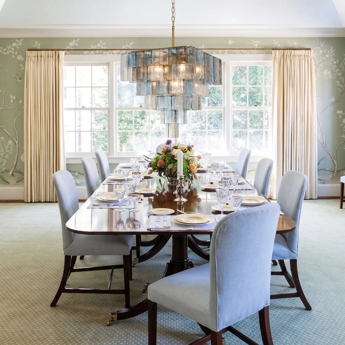 Sculptural Tiered Square Chandelier in blue ice glass for Dining Room by AUVIELIGHT