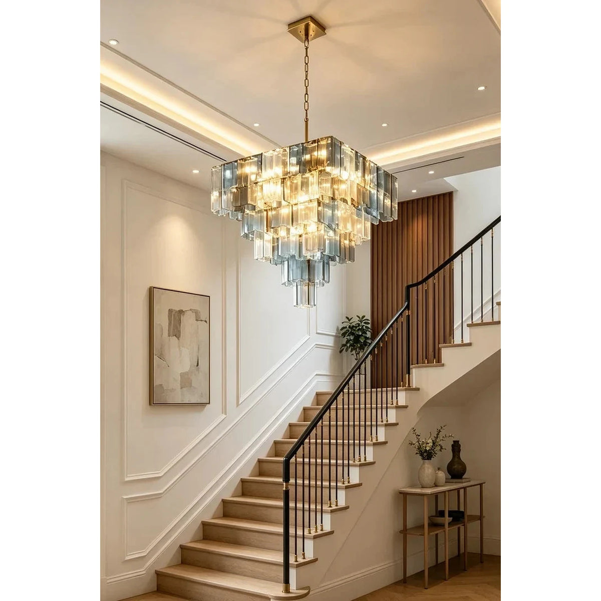 Sculptural Tiered Square Chandelier in blue ice glass for Dining Room by AUVIELIGHT