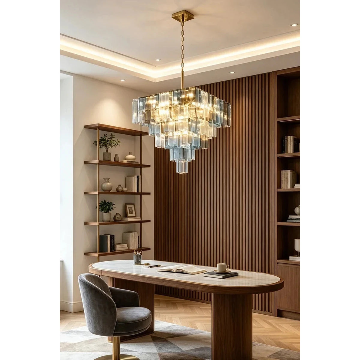 Sculptural Tiered Square Chandelier in blue ice glass for Dining Room by AUVIELIGHT