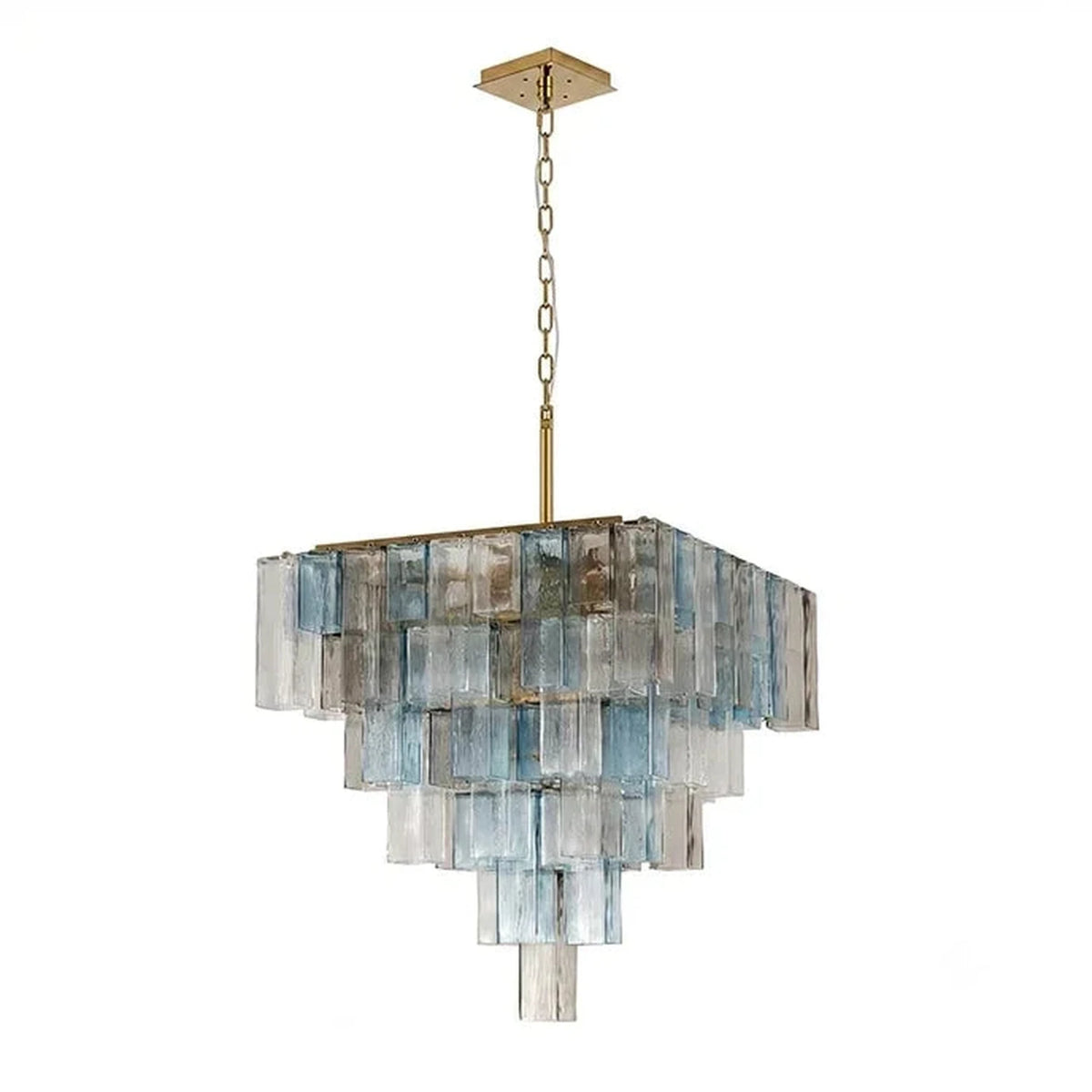 Sculptural Tiered Square Chandelier in blue ice glass for Dining Room by AUVIELIGHT, L 22.8" x W 22.8" x H 23.6" / Gold & Clear & Blue