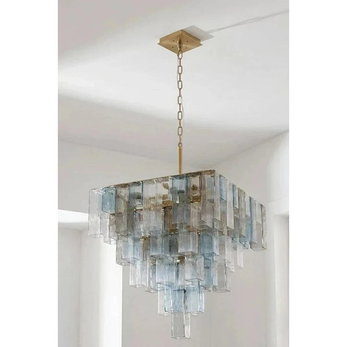 Sculptural Tiered Square Chandelier in blue ice glass for Dining Room by AUVIELIGHT