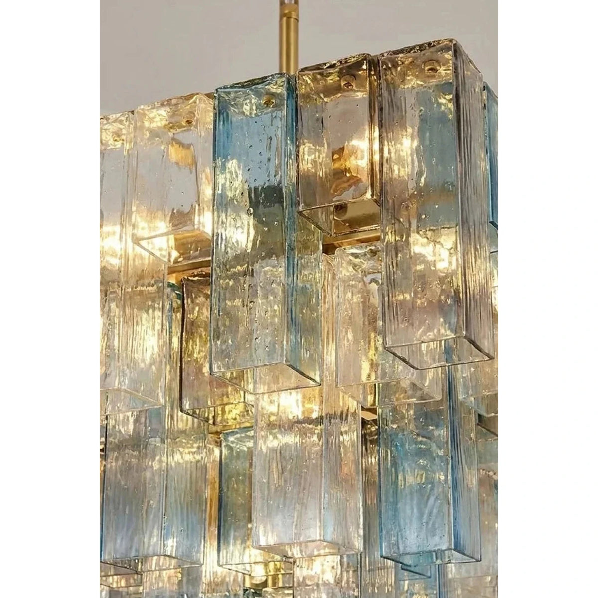 Sculptural Tiered Square Chandelier in blue ice glass for Dining Room by AUVIELIGHT