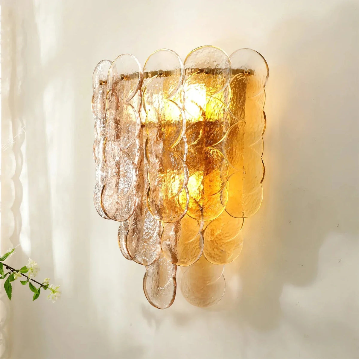 Sculptural Tiered Wall Sconce in amber textured glass for Hallway by AUVIELIGHT