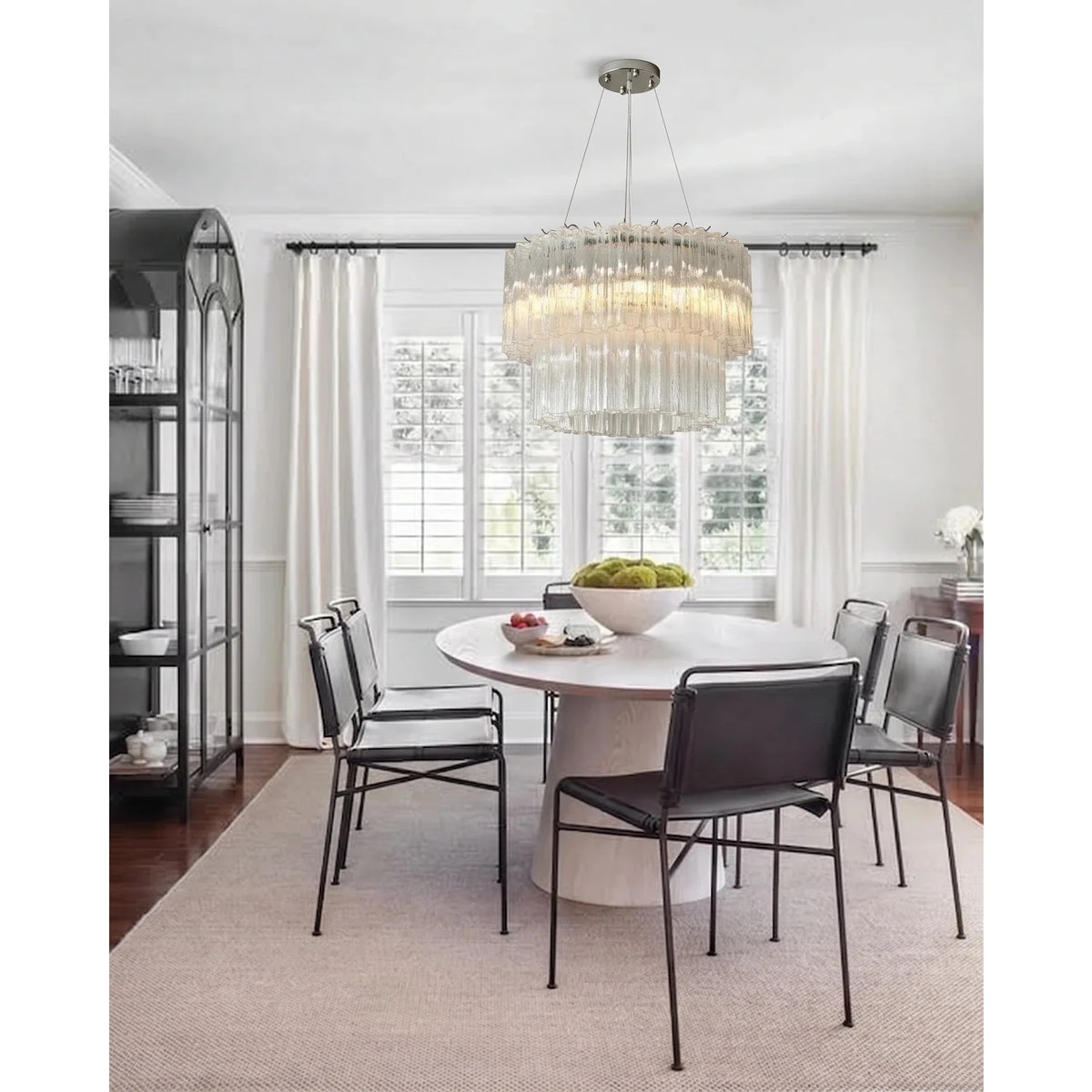 Sculptural Two-Tier Fluted Chandelier in ice glass for Dining Room light fixture by AUVIELIGHT