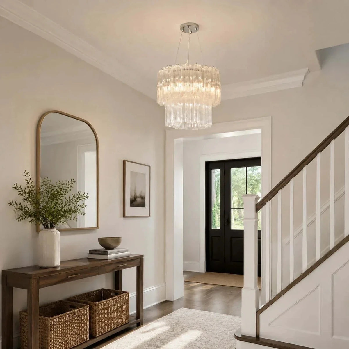 Sculptural Two-Tier Fluted Chandelier in ice glass for Dining Room light fixture by AUVIELIGHT