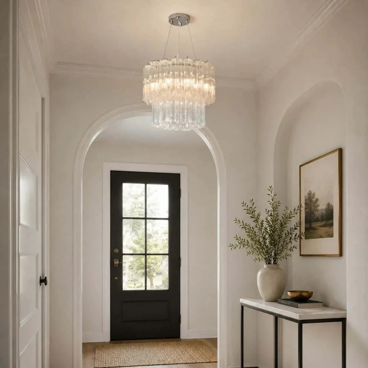 Sculptural Two-Tier Fluted Chandelier in ice glass for Dining Room light fixture by AUVIELIGHT
