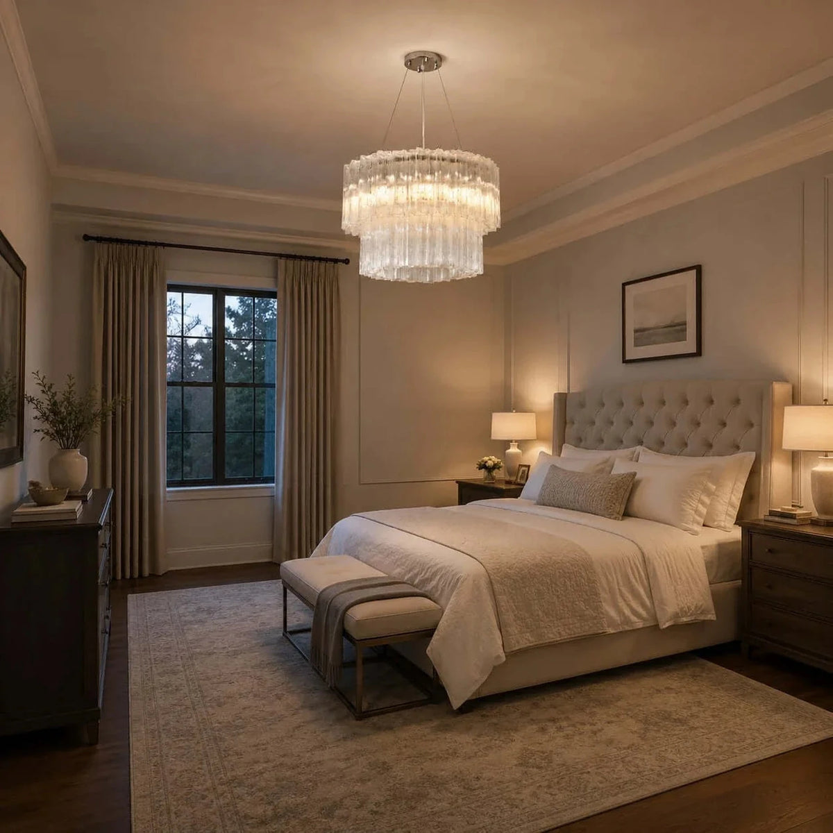Sculptural Two-Tier Fluted Chandelier in ice glass for Dining Room light fixture by AUVIELIGHT