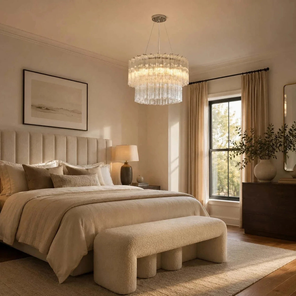 Sculptural Two-Tier Fluted Chandelier in ice glass for Dining Room light fixture by AUVIELIGHT