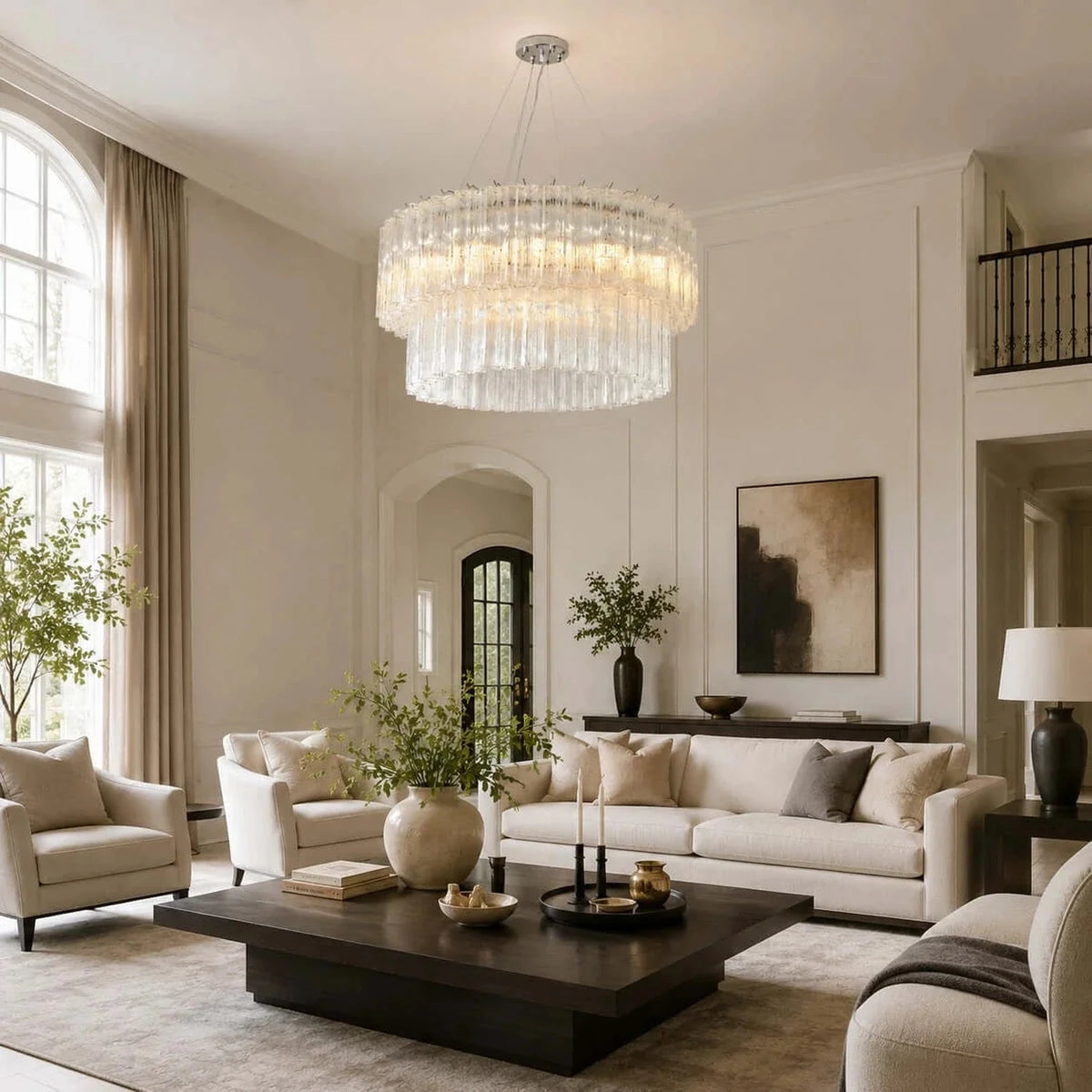 Sculptural Two-Tier Fluted Chandelier in ice glass for Dining Room light fixture by AUVIELIGHT