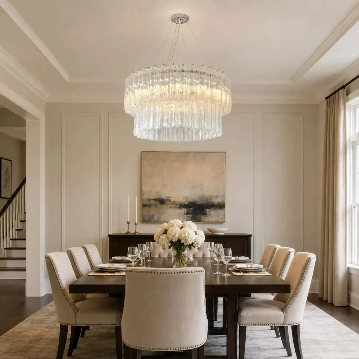 Sculptural Two-Tier Fluted Chandelier in ice glass for Dining Room light fixture by AUVIELIGHT