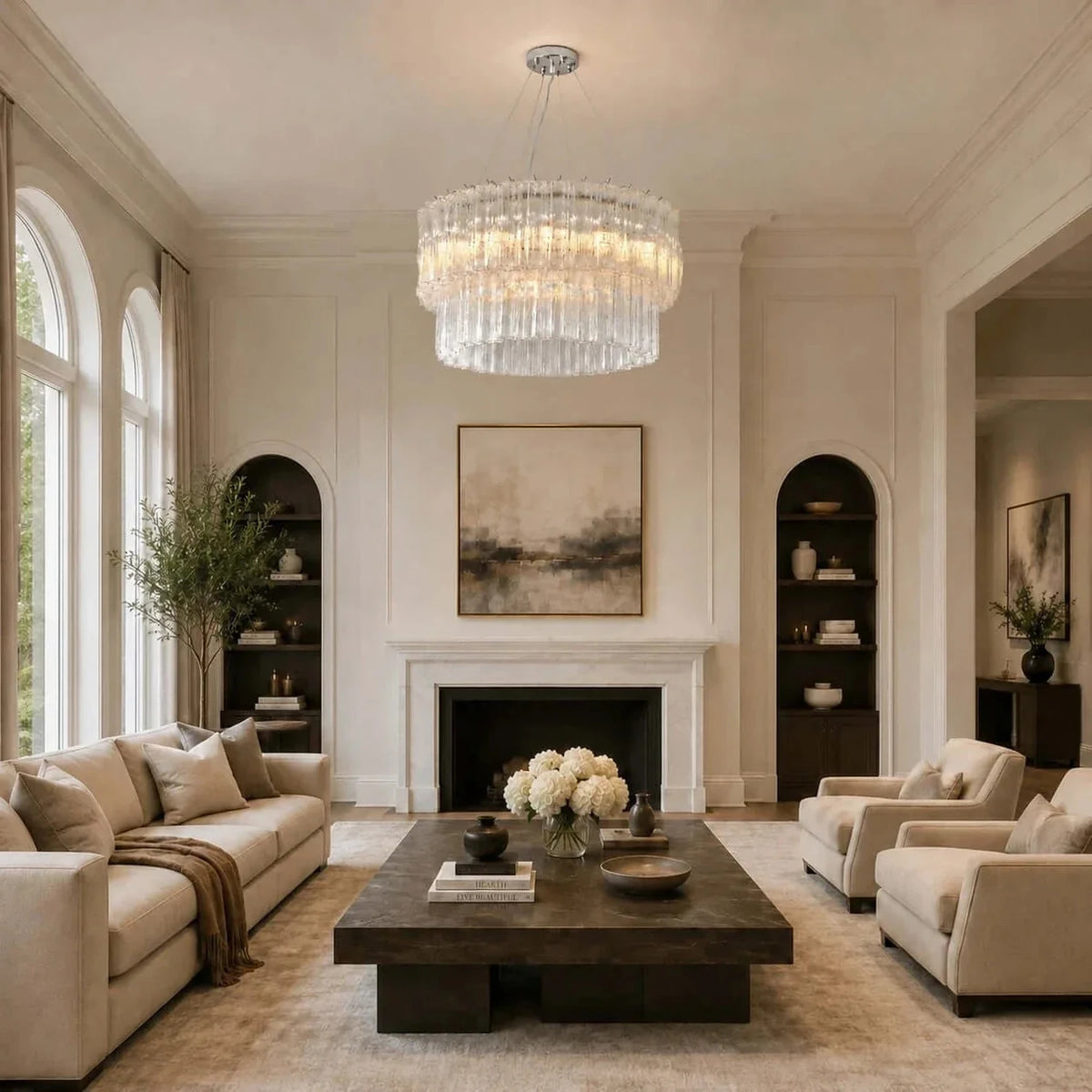 Sculptural Two-Tier Fluted Chandelier in ice glass for Dining Room light fixture by AUVIELIGHT