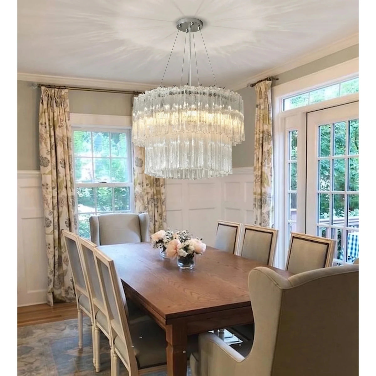 Sculptural Two-Tier Fluted Chandelier in ice glass for Dining Room light fixture by AUVIELIGHT