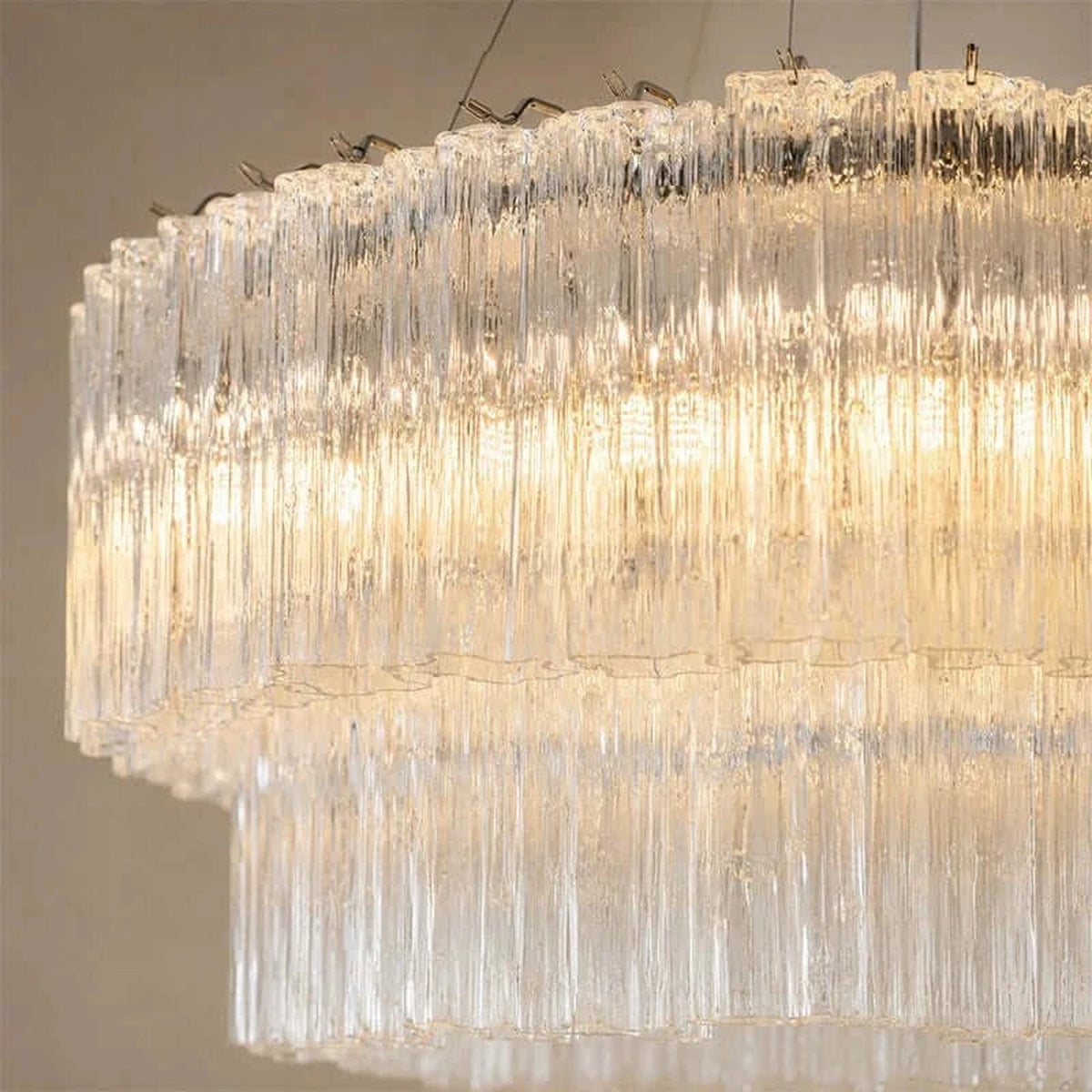 Sculptural Two-Tier Fluted Chandelier in ice glass for Dining Room light fixture by AUVIELIGHT