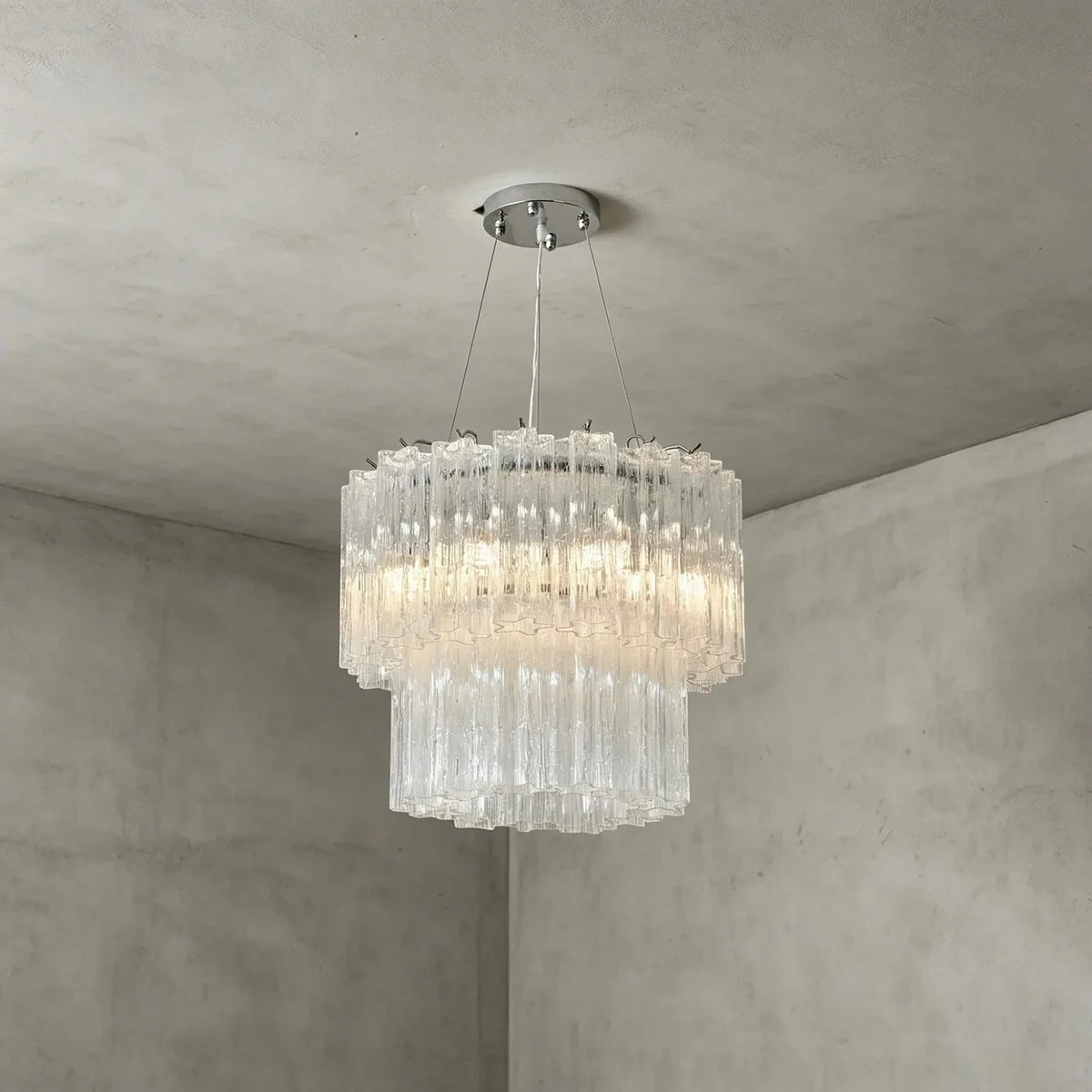 Sculptural Two-Tier Fluted Chandelier in ice glass for Dining Room light fixture by AUVIELIGHT, Dia 19.7" x H 16.9" / Clear & Chrome