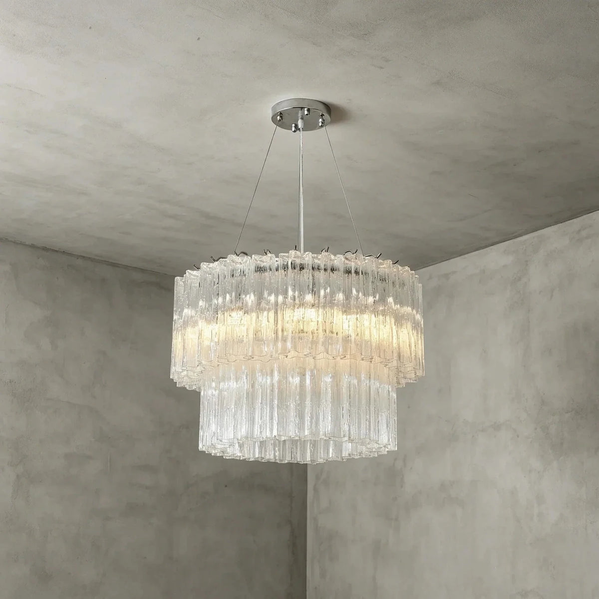 Sculptural Two-Tier Fluted Chandelier in ice glass for Dining Room light fixture by AUVIELIGHT, Dia 23.6" x H 16.9" / Clear & Chrome
