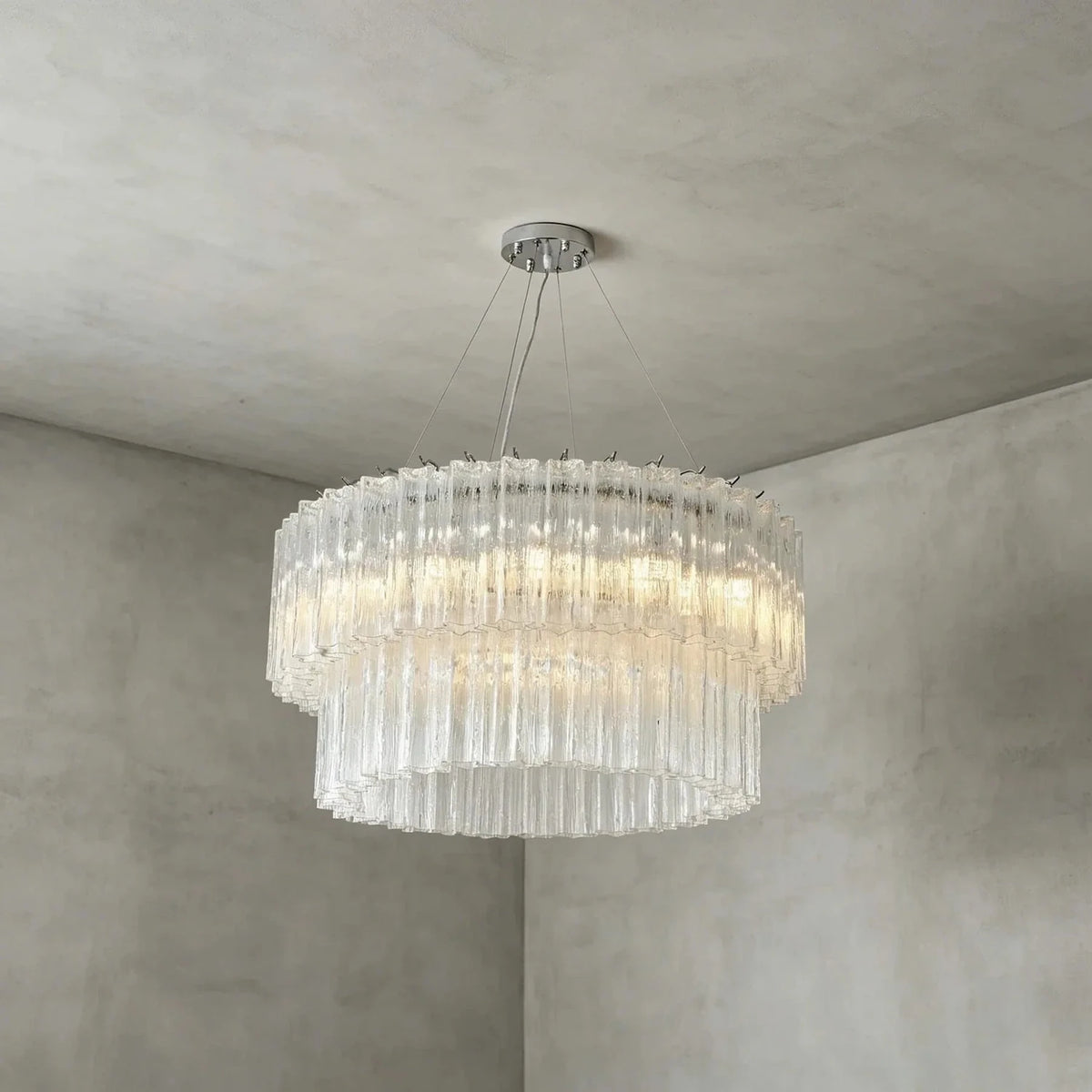 Sculptural Two-Tier Fluted Chandelier in ice glass for Dining Room light fixture by AUVIELIGHT, Dia 31.5" x H 16.9" / Clear & Chrome