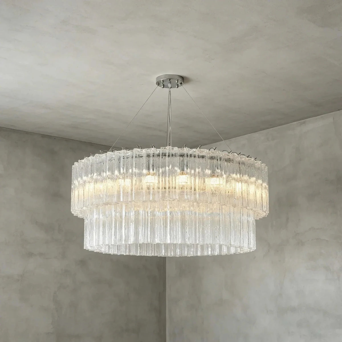 Sculptural Two-Tier Fluted Chandelier in ice glass for Dining Room light fixture by AUVIELIGHT, Dia 39.4" x H 16.9" / Clear & Chrome