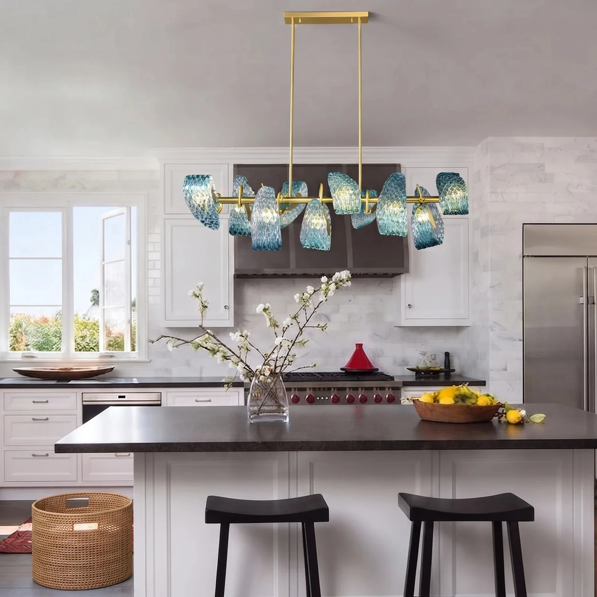 Sculptural Wave Linear Chandelier in textured glass for Dining Room by AUVIELIGHT