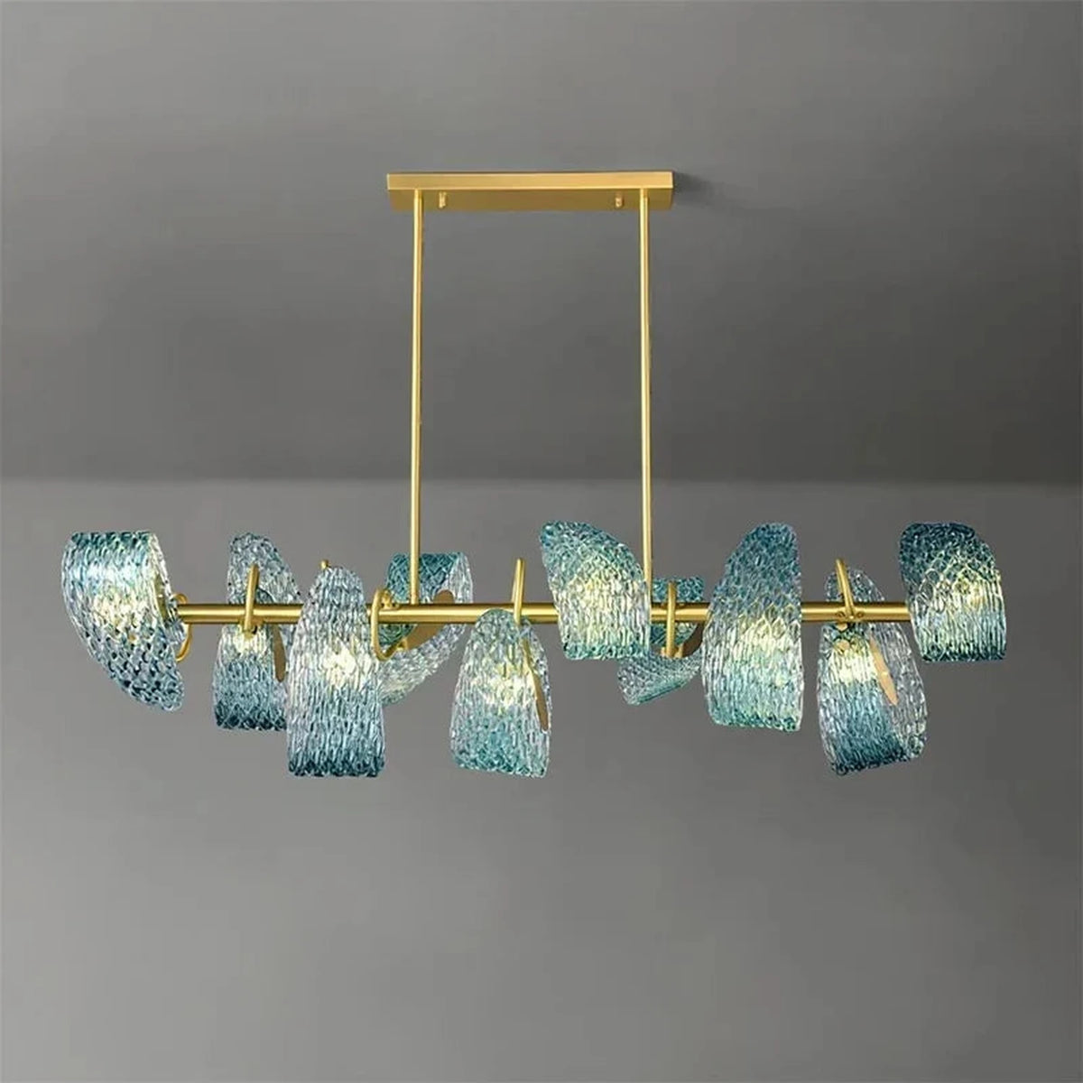 Sculptural Wave Linear Chandelier in textured glass for Dining Room by AUVIELIGHT, 10 Heads L 110cm x H 29cm / L43.3" x H 11.4" / Gold & Blue