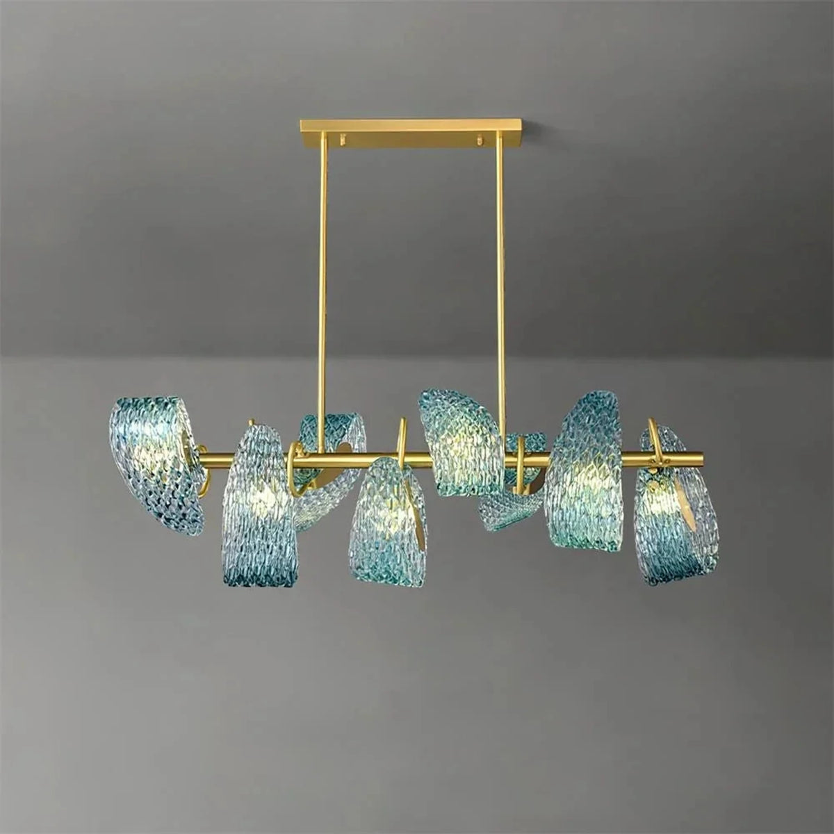 Sculptural Wave Linear Chandelier in textured glass for Dining Room by AUVIELIGHT, 8 Heads L 85cm x H 29cm / L 33.4" x H 11.4" / Gold & Blue