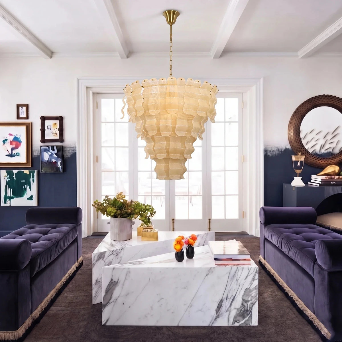 Sculptural Wavy Tiered Chandelier in cream glass for Dining Room by AUVIELIGHT