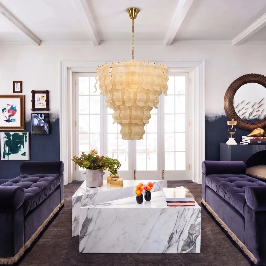 Sculptural Wavy Tiered Chandelier in cream glass for Dining Room by AUVIELIGHT