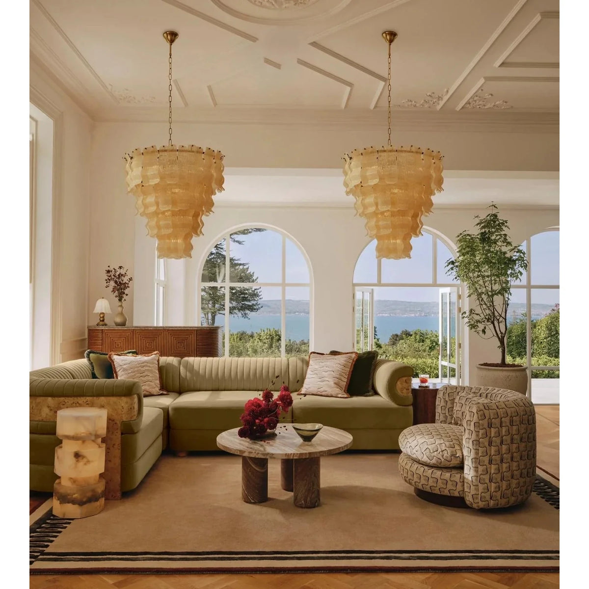 Sculptural Wavy Tiered Chandelier in cream glass for Dining Room by AUVIELIGHT