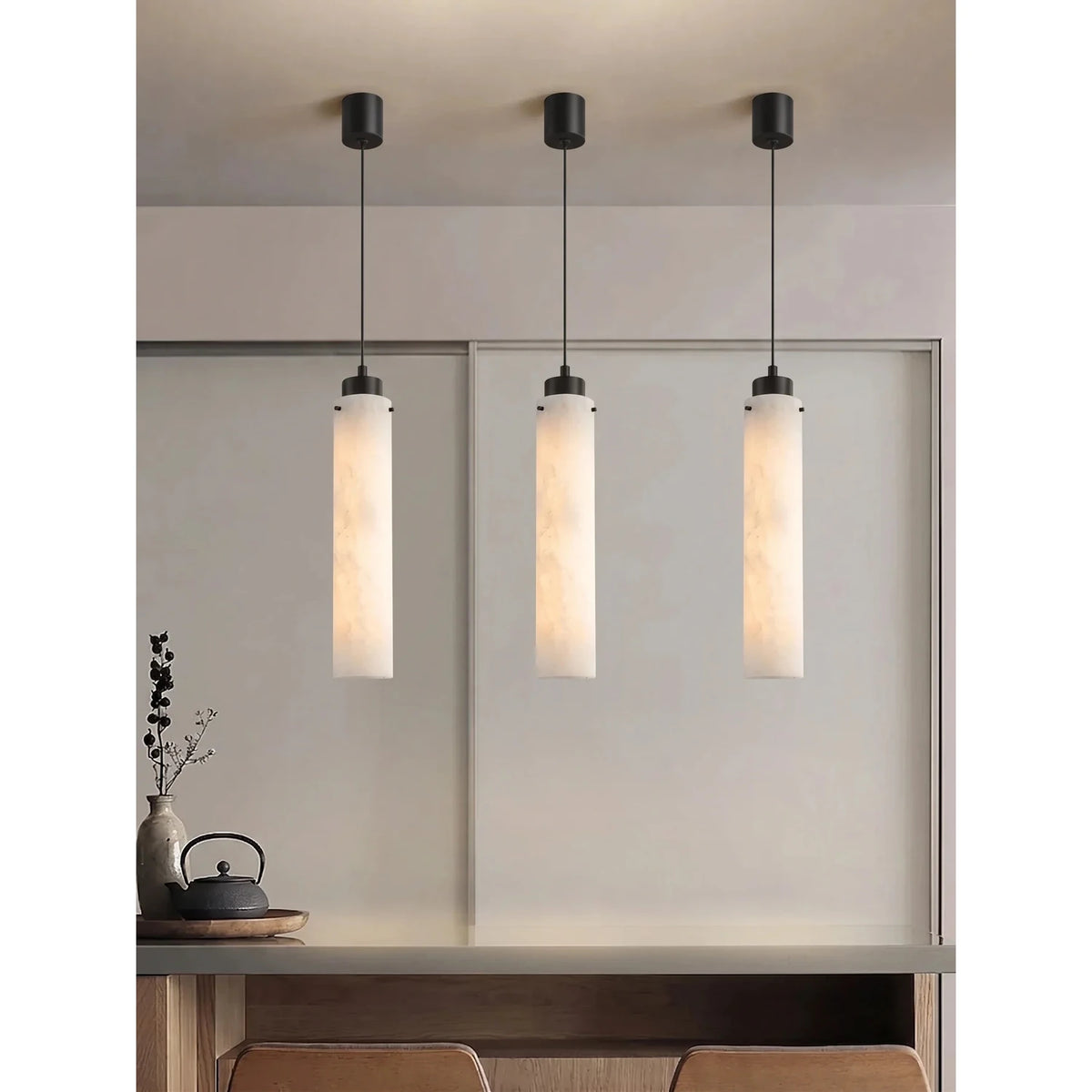 Slim Column Pendant Light in alabaster for Kitchen Island by AUVIELIGHT