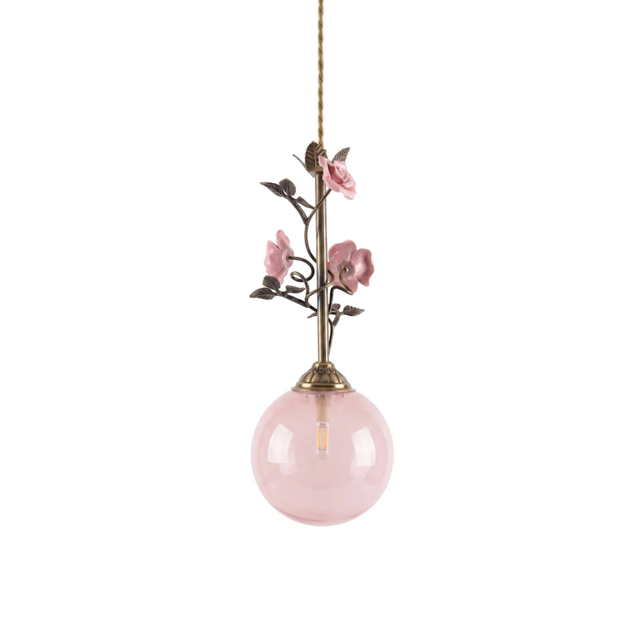 Sphere Pendant Light in rattan for Kitchen Island by AUVIELIGHT, D 15cm x H 38cm / ∅ 5.9" x H 15" / Antique brass & Pink